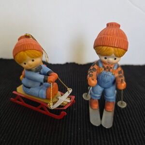Enesco Ceramic Winter Children Figurine Ornaments Skier and Sledder Sledding Set